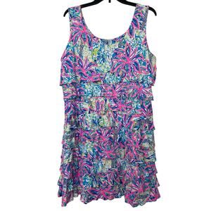 Lulu B SPF 50 Sleeveless Tiered Midi Dress XL Pink Blue Tropical Resort Beachy